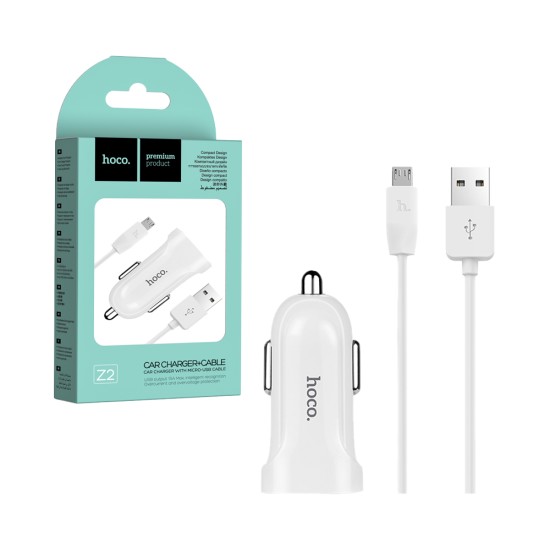 Hoco Car Charger Z2 Cigarette Lighter 1.5A with Micro Cable 1m White